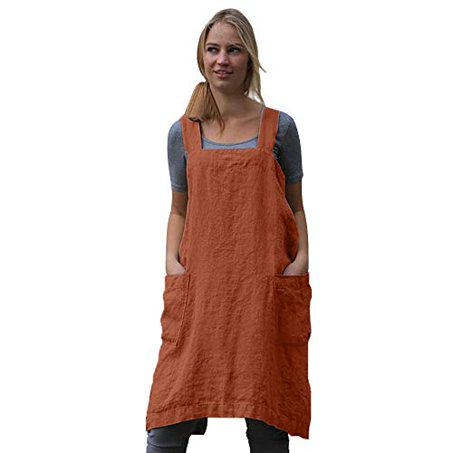 Women's Pinafore Square Apron Baking Cooking Gardening Works Cross Back Cotton (Small / Orange)