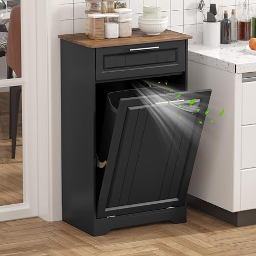 Single 10 Gallon Tilt Out Trash Can Cabinet with Deodorizing Function (Black / 13.11"D x 20.91"W x 35.2"H(Single))