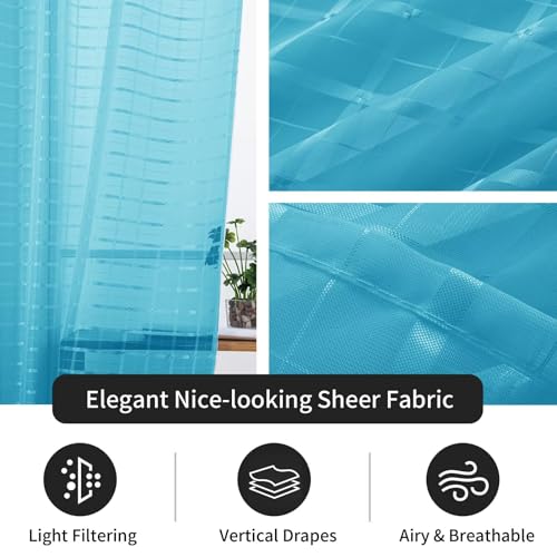 Check Sheer Curtains 96 Inches Long for Living Room (Check - Cyan Blue / 52"W x 96"L (Pack of 2))