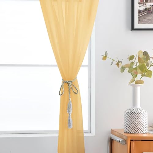 Basic Rod Pocket Sheer Voile Window Curtain Panels Gold 1 Pair 2 Panels 52 Width 45 Inch Long for Kitchen Bedroom Children Living Room Yard（Gold (Gold / 52"W x 45"L (Pack of 2))