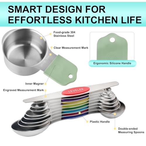 16 Pcs Magnetic Measuring Cups and Spoons Set (Silvery-16pcs)