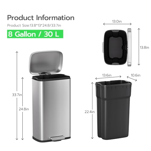8G Trash Can with Lid (Stainless Steel / 8 G)