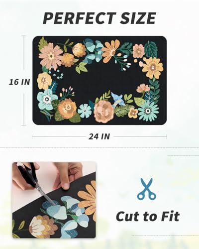 Coffee Mat Hide Stain Rubber Backed Absorbent Dish Drying Mat for Kitchen Counter (BLACK FLORAL / 16"X24")