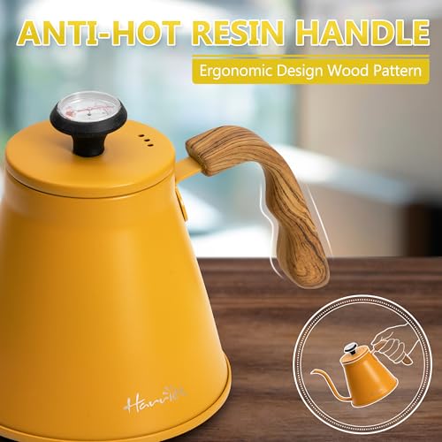 Gooseneck Kettle with Thermometer for Pour Over Coffee and Tea (Yellow)