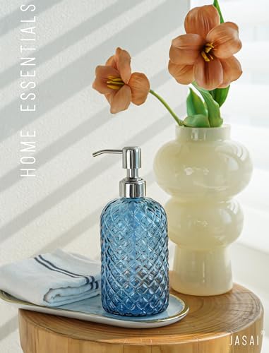 18Oz Gem Patterned Glass Soap Dispenser for Kitchen and Bathroom (Navy Blue)