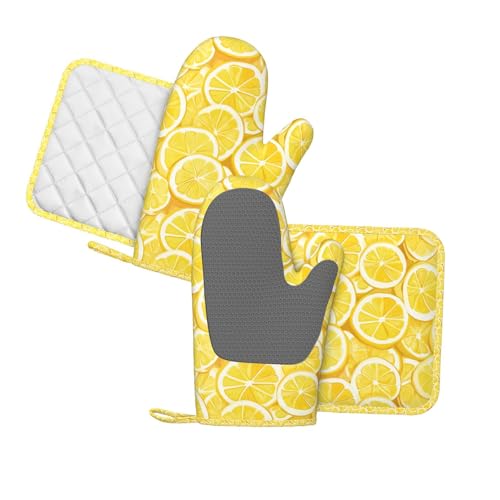 Oven Mitts and Pot Holders Lemon Watercolor Yellow Silicone Kitchen Accessories Set of 4 Heat Resistant Long Gloves Potholder Non (A0664213)