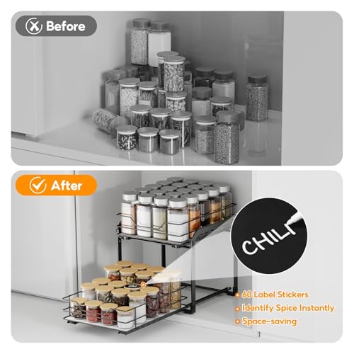 Pull Out Spice Rack Organizer for Cabinet (Black / 9"W X 10.5"D X 9"H - 2 Tier)