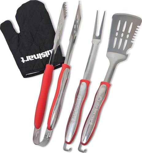 3‑Piece Stainless Steel BBQ Grilling Tool Set with Grill Glove (Red)