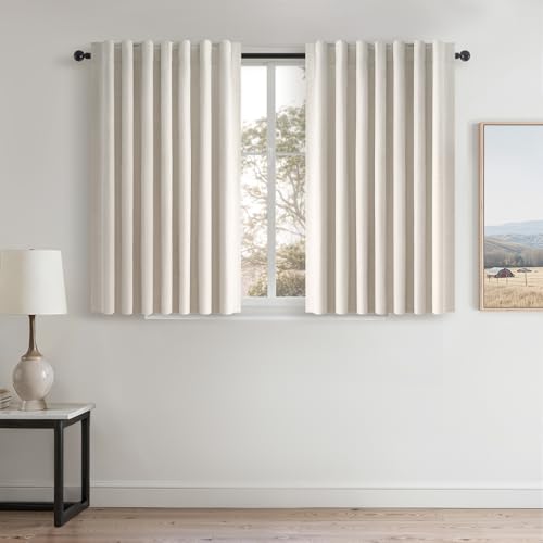45 Inches Long Linen Blackout Curtains Tiers for Small Window 2 Panels Set Heat Blocking Thermal Insulated Short Drapes for Kitchen Bathroom Curtain Hook Belt Pleated Back Tab (Birch / 52"W x 45"L (Pack of 2))