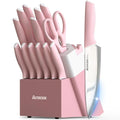 Knife Set Kitchen Knives Set with Block and Sharpener 15 Pcs German Stainless Steel Sharp Blade Dishwasher Safe with Ergonomic Handle (Crystal Pink)