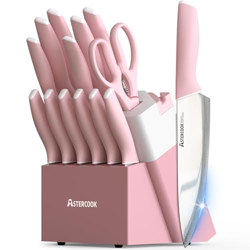 Knife Set Kitchen Knives Set with Block and Sharpener 15 Pcs German Stainless Steel Sharp Blade Dishwasher Safe with Ergonomic Handle (Crystal Pink)