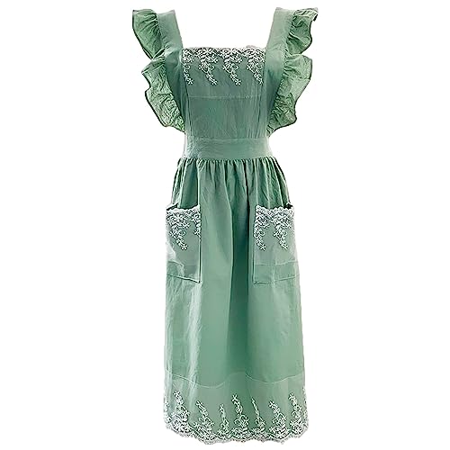 Cute Cotton Apron Frilly Lace Ruffle Adjustable Pinafore Apron Dress with Pockets for Cooking Baking Cleaning Gardening (Light Green)