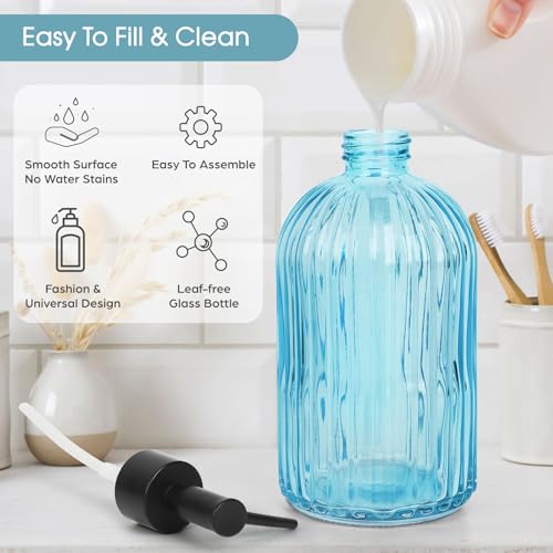 Stripe Glass Soap Dispenser with Black Plastic Pump (Plastic Pump / Light Blue)