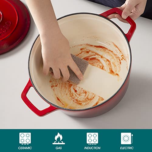 6 Qt Round Enameled Cast Iron Dutch Oven with Lid & Handles (6 Qt-round / Red)