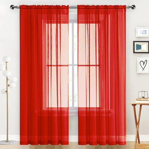 Basic Rod Pocket Sheer Voile Window Curtain Panels White 1 Pair 2 Panels 70 Width 96 Inch Long for Kitchen Bedroom Children Living Room Yard (Red / 70"W x 96"L (Pack of 2))