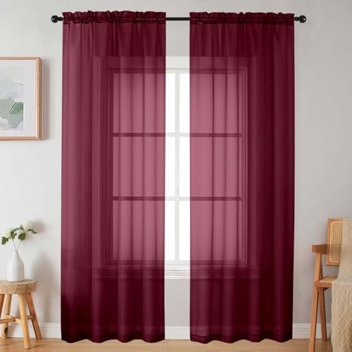 Sheer Burgundy Curtains for Bedroom Living Room 90 Inches Long 2 Panels Set (Burgundy / 42"W x 90"L (Pack of 2))