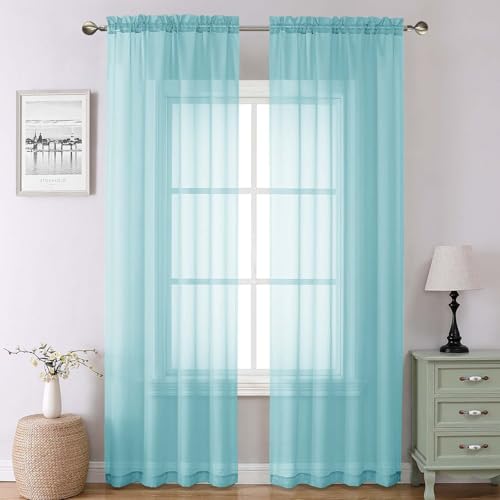 Aqua Sheer Curtains for Living Room 90 Inches Long 2 Pcs (Aqua / 42"W x 90"L (Pack of 2))