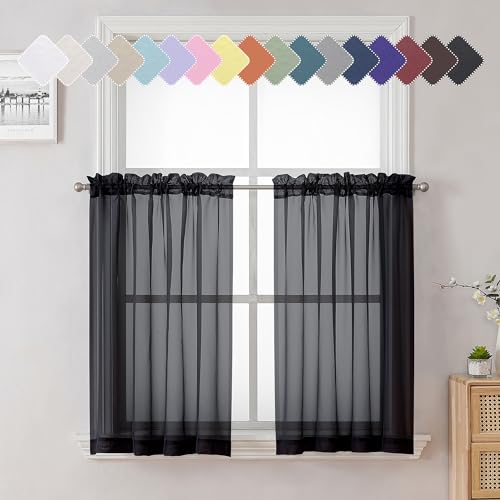 36 Inch Black Curtains Sheer Tiers for Kitchen Set of 2 Pieces (Black / 40"W x 36"L (Pack of 2))
