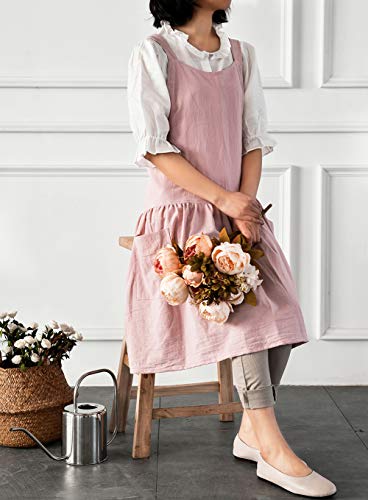 Japanese Cotton Cross Back Pinafore Apron for Women with Pockets Pink (10 - Pink With Waist Ties)