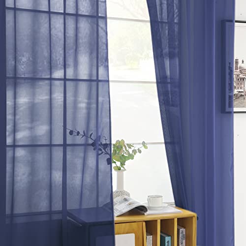 Sheer Voile Window Treatment Rod Pocket Curtain Panels for Kitchen Bedroom Living Room Drapes Sunlight Filtering Privacy Semi Home Decor Assorted Colors Sizes (Navy / 52"W x 72"L (Pack of 2))