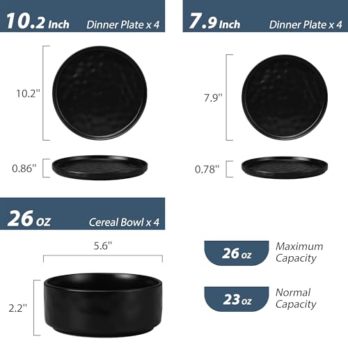 12 Pieces Stoneware Dinnerware Set for 4 (12-Piece / Obsidian Black)