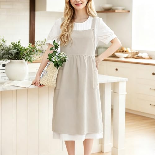 Vintage Apron for Women with Pockets Adjustable Straps for Kitchen (Beige)