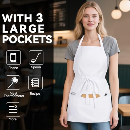 Kitchen Cooking Apron with 3 Pockets (White)