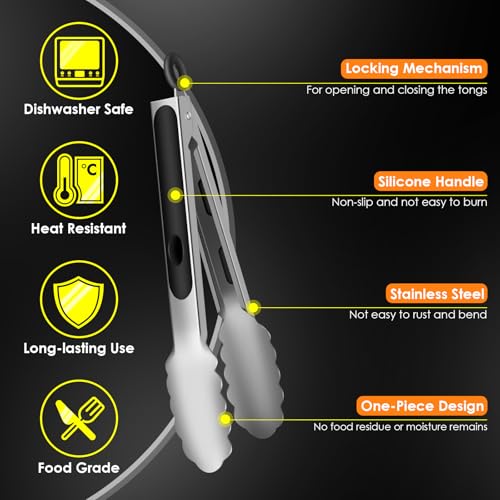 Stainless Steel Cooking Tongs (Metal - Black / 9 + 12 inches)