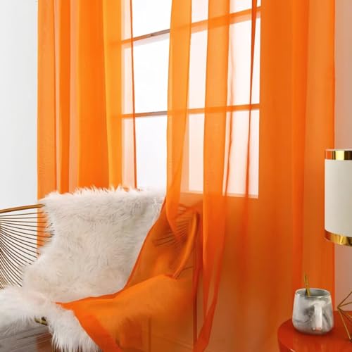 Basic Rod Pocket Sheer Voile Window Curtain Panels Orange 2 Panels 52 Width 96 Inch Long for Kitchen Bedroom Children Living Room Yard (Orange / 52"W x 96"L (Pack of 2))