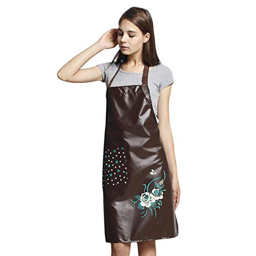 PU Kitchen Oil and Waterproof Aprons for Women with Pocket for Cooking Washing (Coffee)