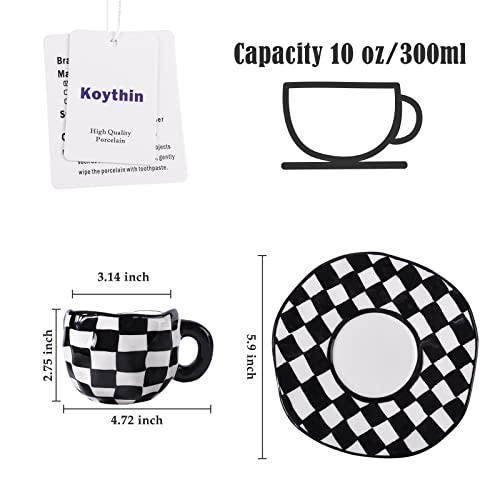 10oz Ceramic Coffee Mug With Saucer (Black and White Plaid)