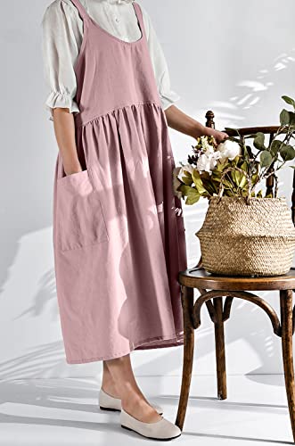 Japanese Cotton Cross Back Smock Apron for Women with Pockets Pink (05 - Pink Without Waist Ties)