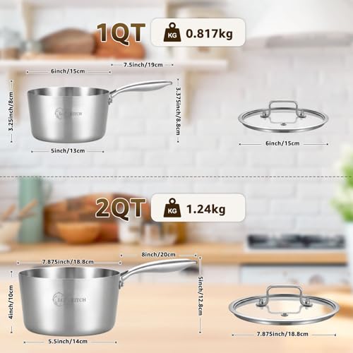 1QT & 2QT Stainless Steel Saucepan Set with Glass Lids (1QT+2QT)