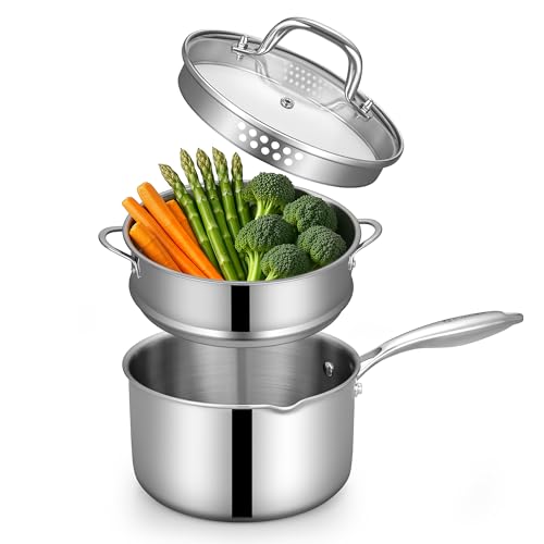 Tri Ply Stainless Steel Sauce Pan with Steamer Basket & Strainer Glass Lid (2.5 Quarts)