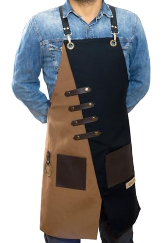 Apron for Women and Men Waterproof Canvas Extra Pocket for Chef Barista Gardening BBQ Grilling Crossback Unisex (Black Brown)