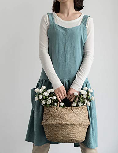 Japanese Cotton Cross Back Pinafore Apron for Women with Pockets Turquoise (09 - Turquoise With Waist Ties)