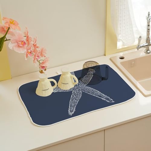 Coastal Beach Dish Drying Mat 18 x 24 inch (18" x 18" / Navy Blue Starfish)