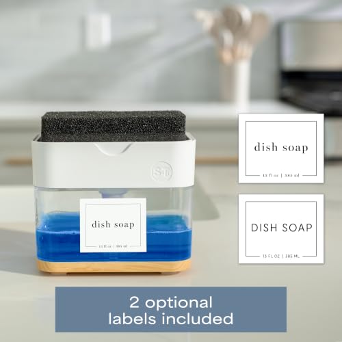 Dish Soap Dispenser and Sponge Holder (White and Bamboo)