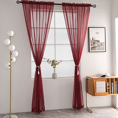 Basic Rod Pocket Sheer Voile Window Curtain Panels Burgundy 1 Pair 2 Panels 52 Width 72 Inch Long for Kitchen Bedroom Children Living Room Yard (Burgundy / 52"W x 72"L (Pack of 2))