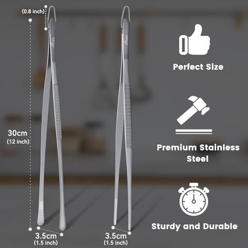 Kitchen Tweezers Stainless Steel Cooking Tweezers 2 Pcs (Silver with Hook)