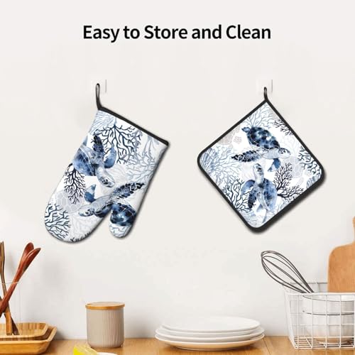 Coastal Oven Mitts and Pot Holders Sets of 2 Summer Kitchen Mitts Blue Sea Turtle Hot Pads for Cooking Baking Grilling (Navy Blue Coastal)
