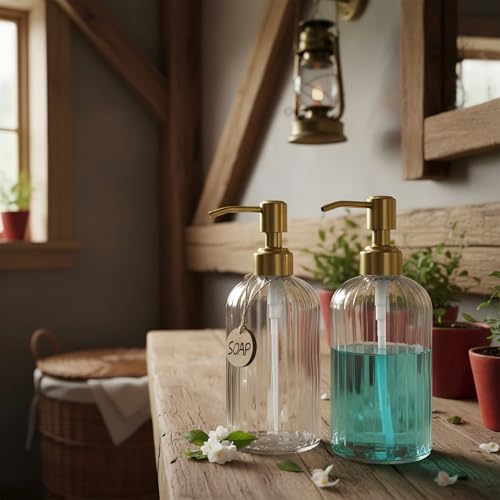 2PACK 18Oz Fluted Glass Soap Dispenser with Golden Rust Proof Pump (Clear-golden Pump-2p / 2 Pack)
