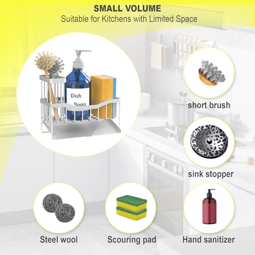 Maifan Sink Caddy Sponge Holder for Kitchen with Brush Holder and Stainless Steel Self Drain Tray (Lacquer Silver)