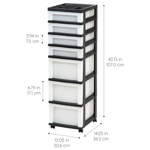2 Pack 7 Drawer Plastic Storage Rolling Organizer Cart with Caster Wheels for Laundry Room (Black / 7 Drawer with Wheels - 2 Pack)