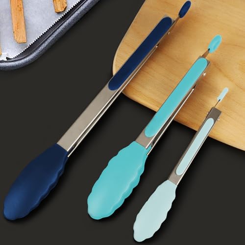 Premium Stainless Steel Locking Kitchen Tongs with Silicon Tips (Gradient Blue:12+9+7inch)