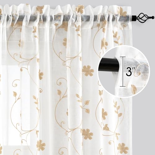 Yellow Sheer Curtains 63 Inch Length 2 Panels Yellow and White Embroidered Floral Pattern Semi Sheer Window Curtains for Bedroom Living Room (52"W x 63"L (Pack of 2) / White & Yellow)