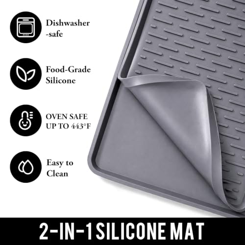 2 In 1 Silicone Coffee Bar Mat Accessories Detachable Dish Drying Rug Rack Stone for Kitchen Countertop Under Sink Home House Apartment Office Essentials Espresso Machine Must Have (Gray / 16" x 16")