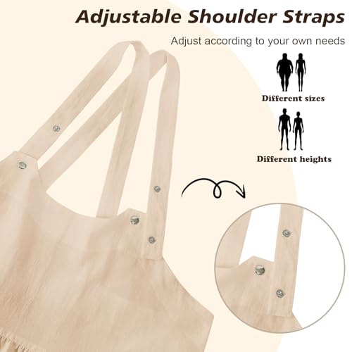 Vintage Apron for Women with Pockets Adjustable Straps for Kitchen (Beige+white)