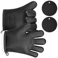 Oven Mitts with 2 Pot Holders (Black With Fingers)