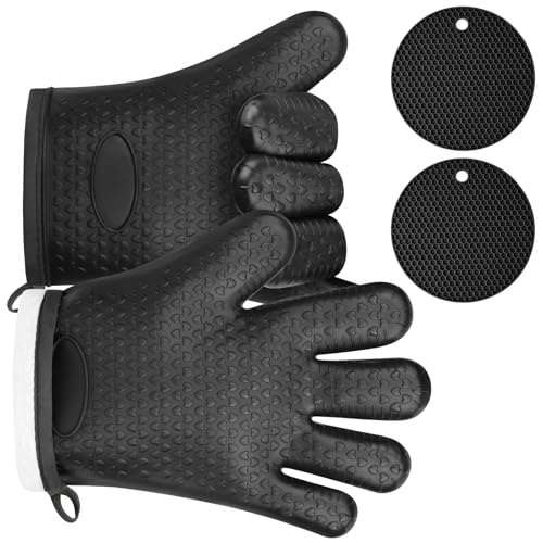 Oven Mitts with 2 Pot Holders (Black With Fingers)
